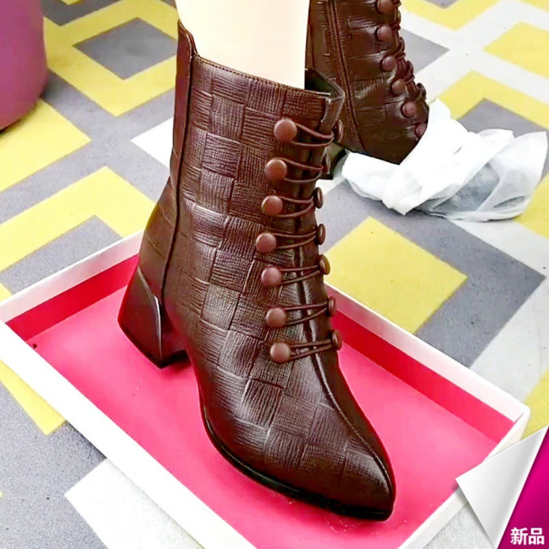 Thick-heeled Leather Mid-boots Women's New Fashion Plus Velvet