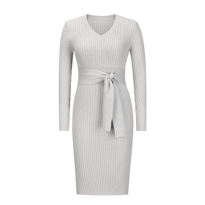 Women Long Sleeve V-Neck Slim Dress