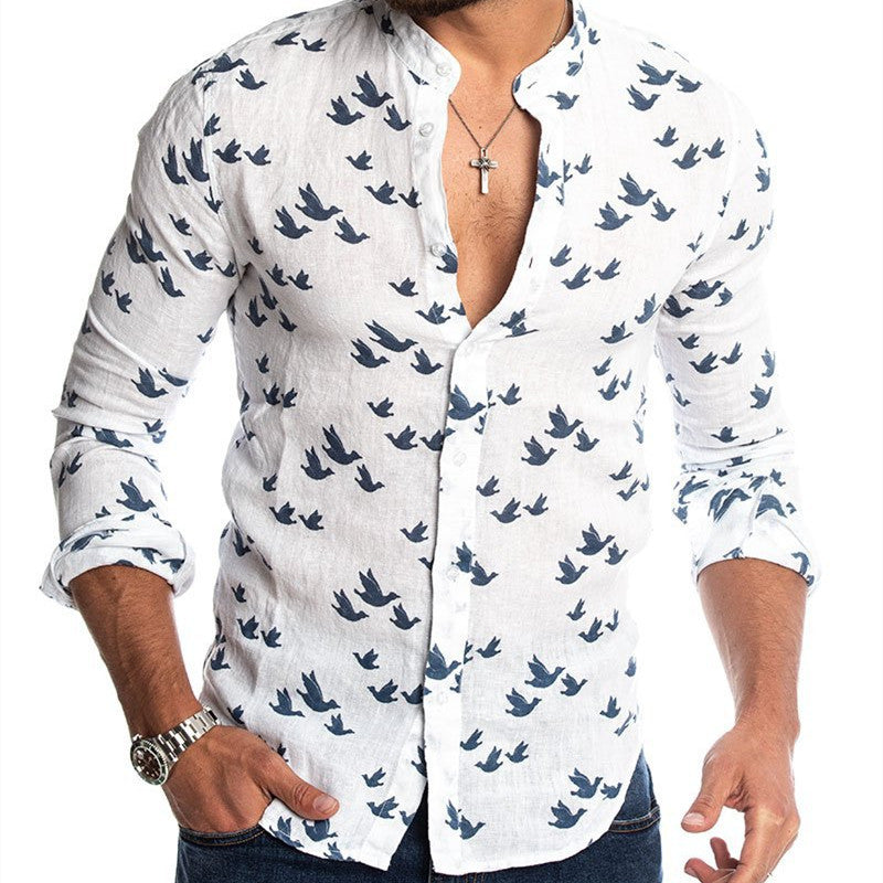 Camisa con cuello alzado de lino estampado en 3D con bloques de colores
