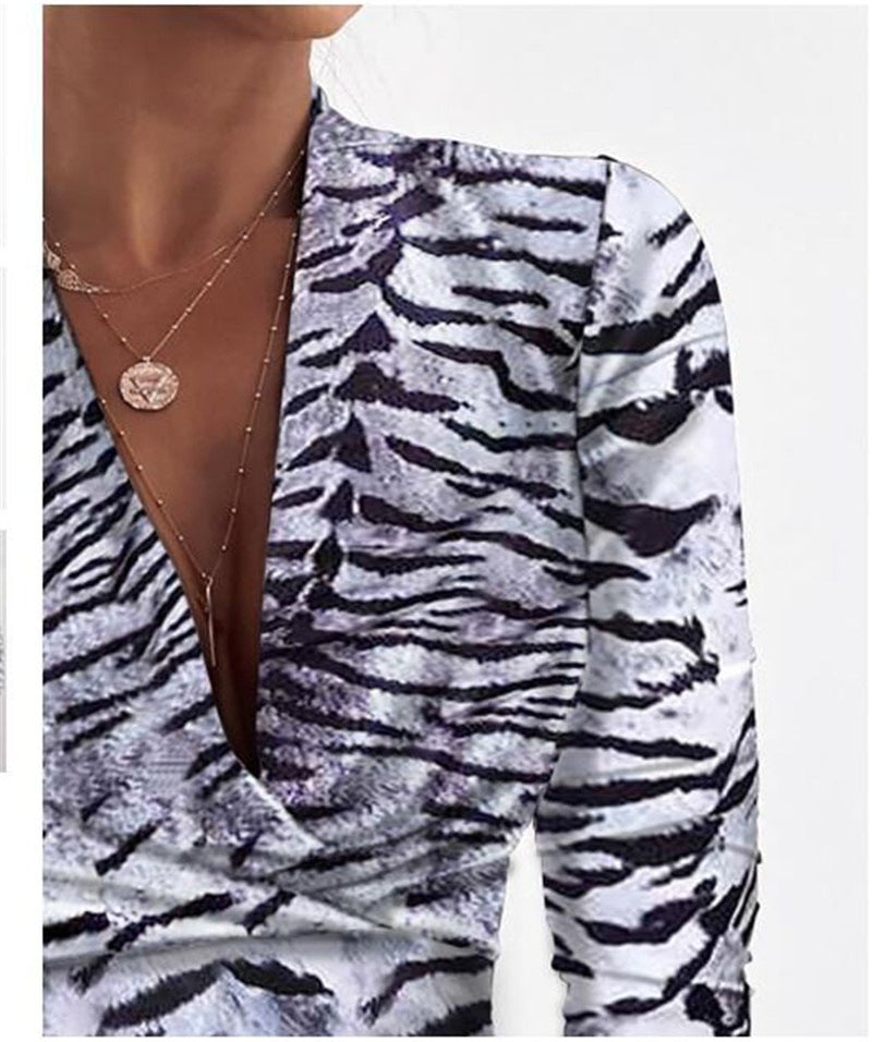 Long Sleeve V-neck Leopard Print Ladies Blouse