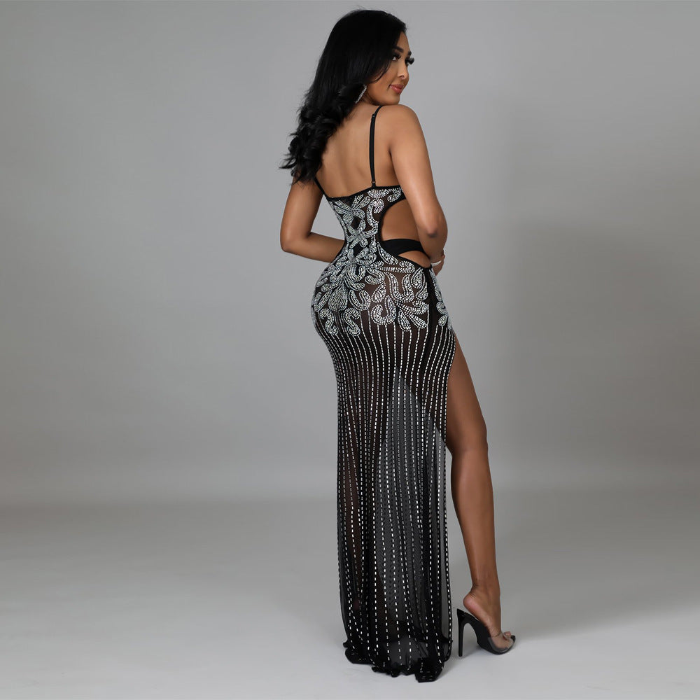 Robe à bretelles transparentes à fente haute pour femmes