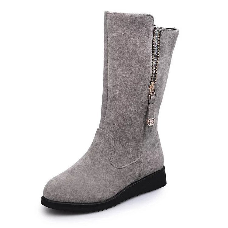 Women's Plus Size Mid-top  Frosted Side Zipper Flat Boots