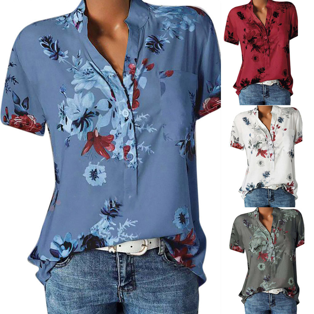 Chemise à manches courtes à col en V imprimé à la mode