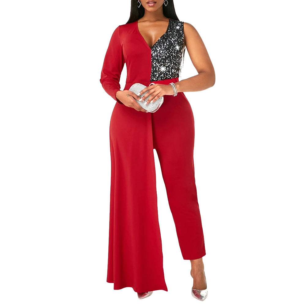 V-neck Sequin Covered Hip Jumpsuit