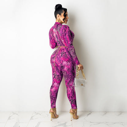 Snake Print Digital Print Long-Sleeved Skinny Jumpsuit