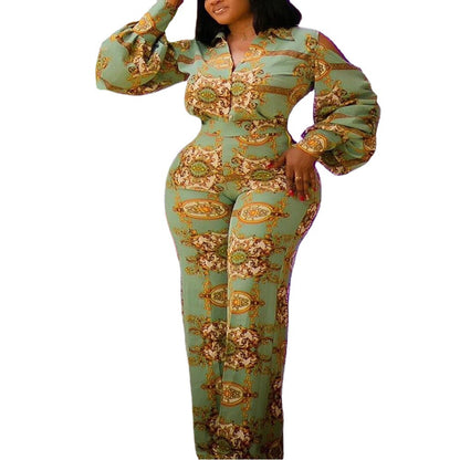 Off Shoulder Lantern Sleeve Stretch Green Digital Print Jumpsuit