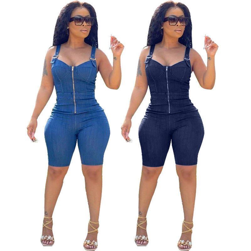 High Stretch Skinny Denim Suspender Jumpsuit