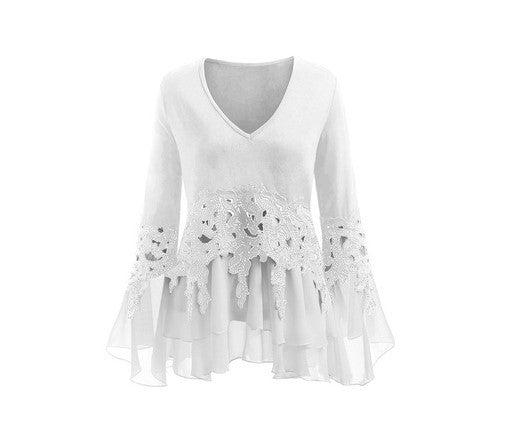 Chiffon Lace Panel Irregular Lace Fringe Long Sleeves