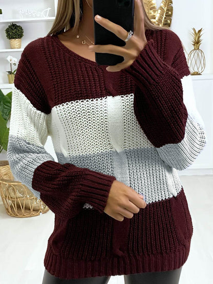 New Knitted V Neck Color Matching Long Sleeved Sweater Women