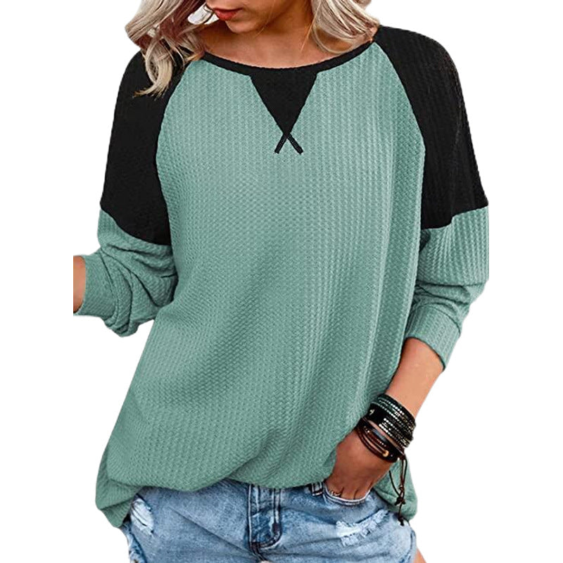 Waffle Stitching Long-sleeved Round Neck T-shirt