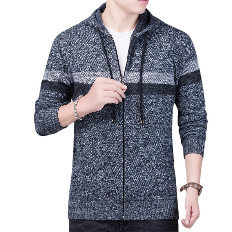 Men's Knitted Sweater Fleece Thick Hooded Casual Sweater Warm Jacket
