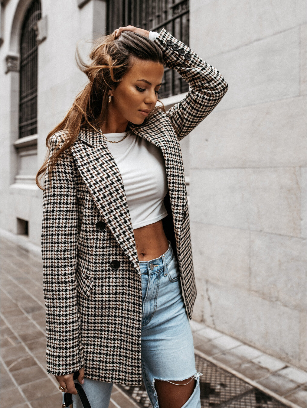 Office Ladies Lapel Vintage Plaid Women Blazer Double Breasted Autumn Jacket 2021 Casual Pockets Female Suits Coat Sudaderas