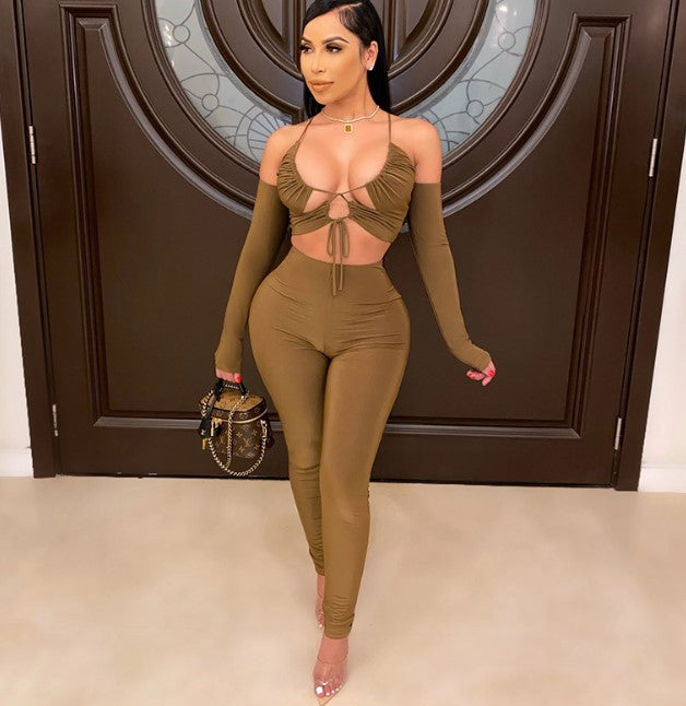 Lace-up Long-sleeve Tube Suspender Top Trousers Set