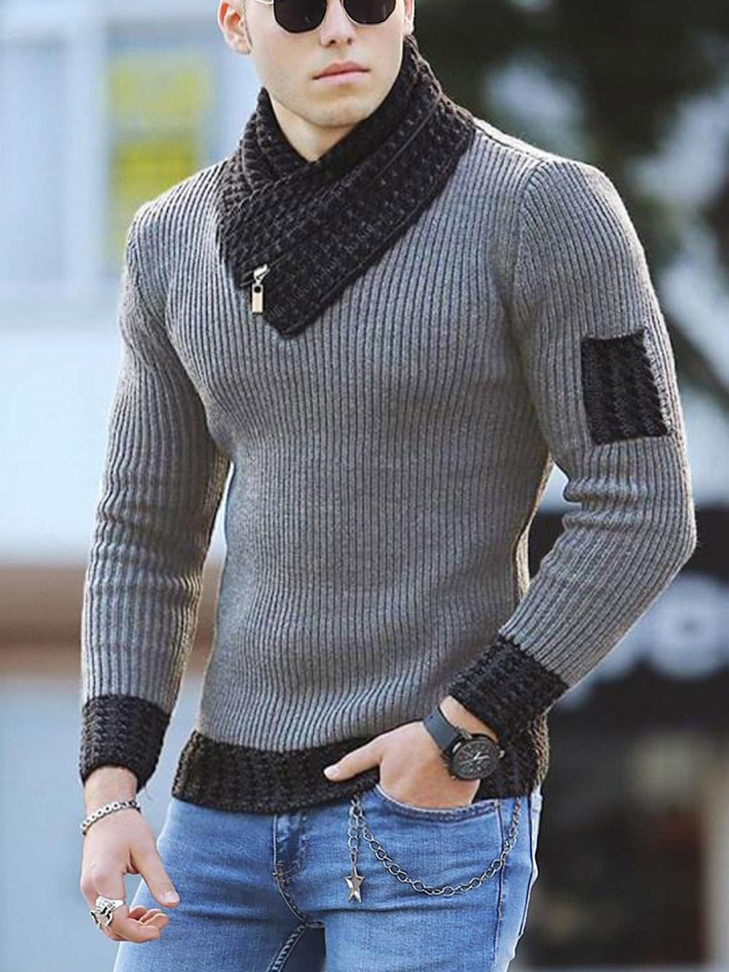Hommes Casual Slim Pull en tricot à manches longues écharpe col chandail
