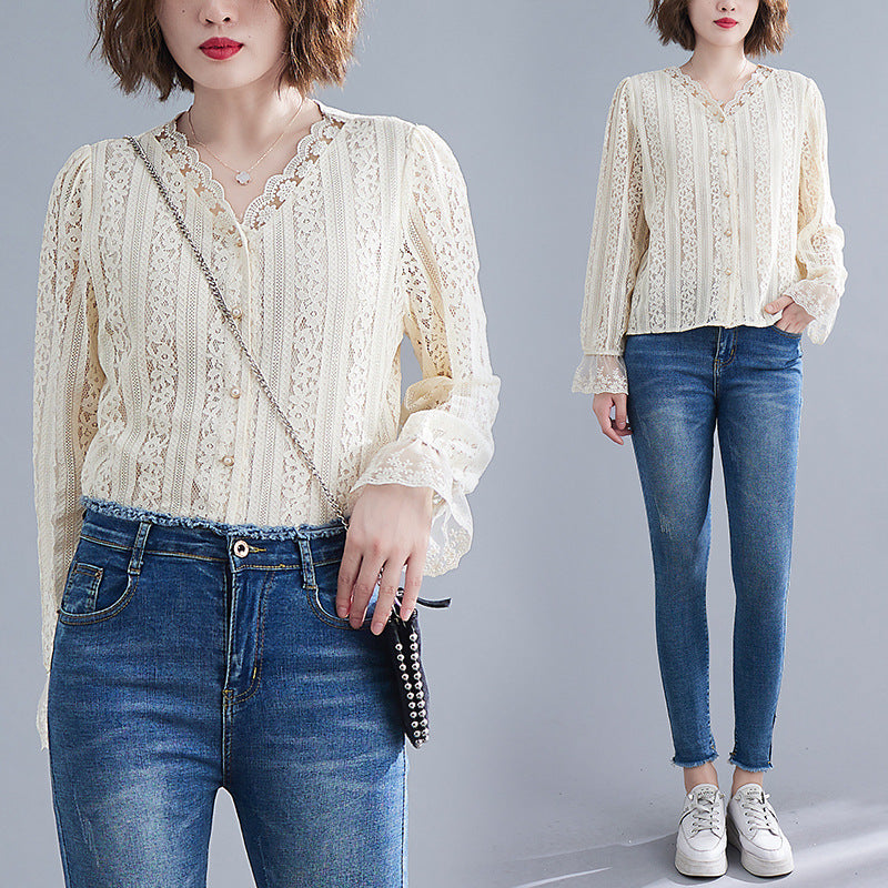 Camisa de encaje suelta y delgada con cuello en V para mujer