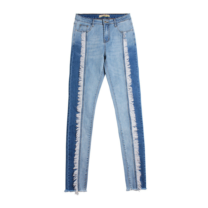 Femmes Stretch blanc glands jean avec taille haute élasticité grande taille crayons épissure Denim pantalon jean décontracté pour les filles