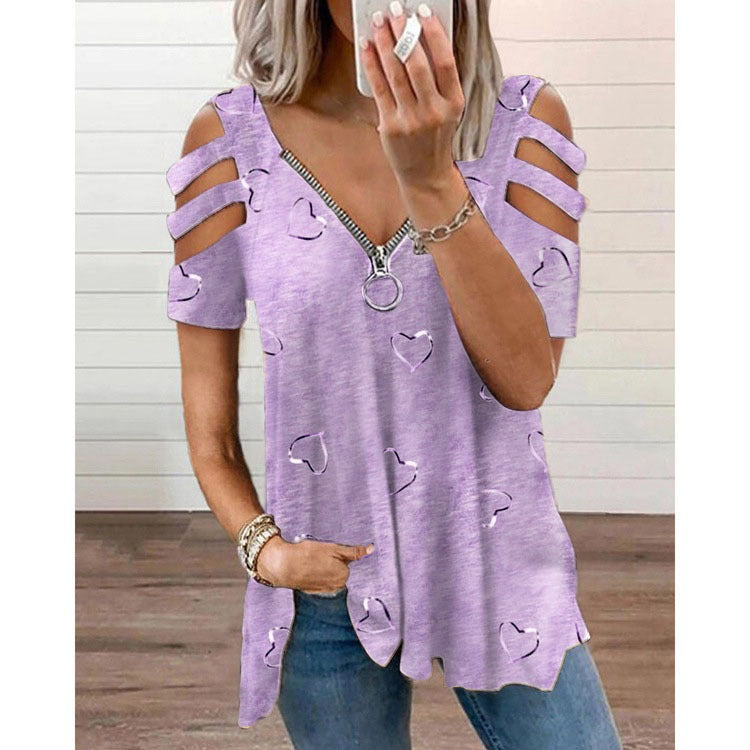 Camiseta informal holgada de manga corta con estampado de cremallera y cuello en V para mujer