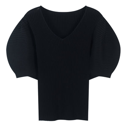 V-Neck Stretch Loose Puff Sleeve Knit Top