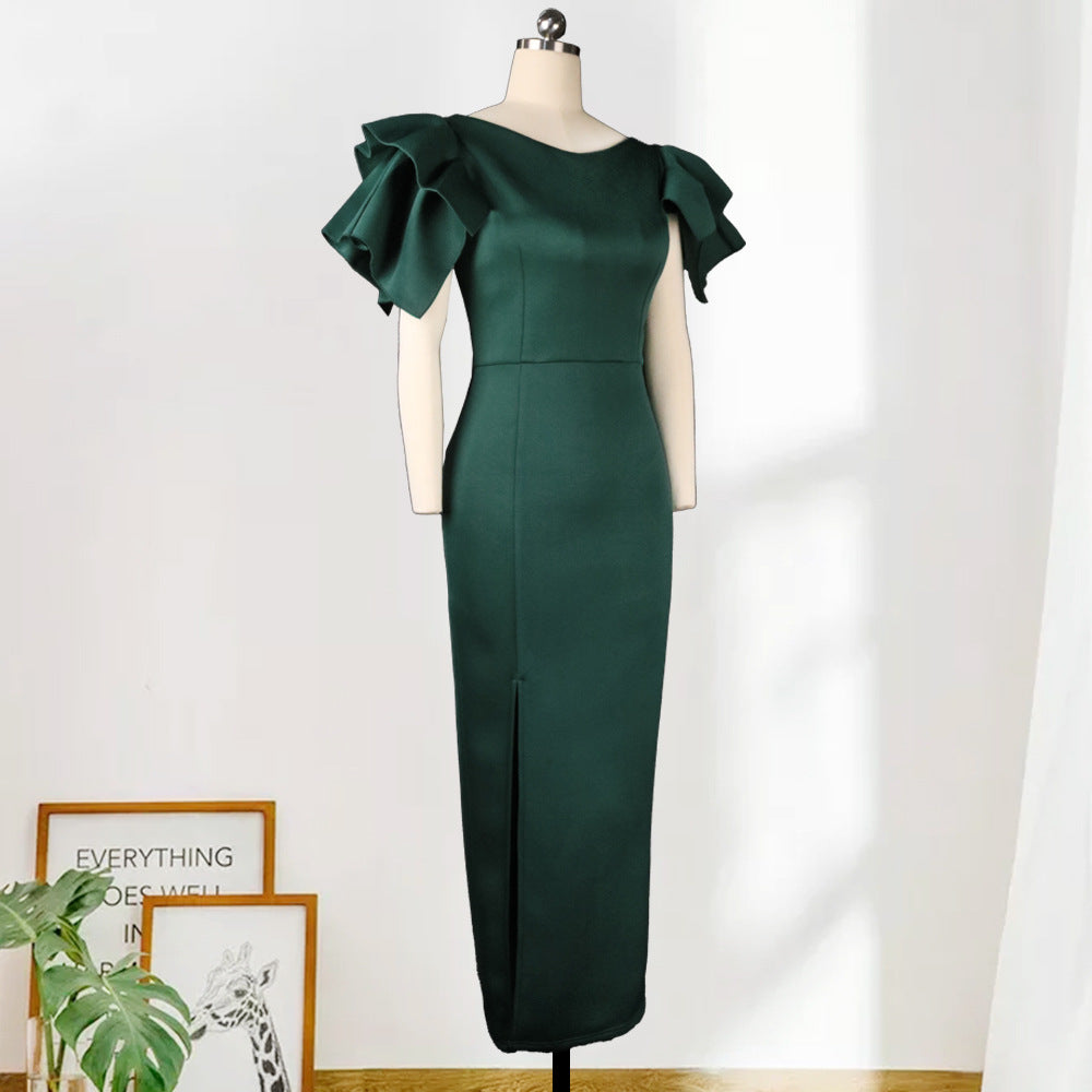 Robe de soirée grande taille verte coupe slim pour femme avec pointes fourchues