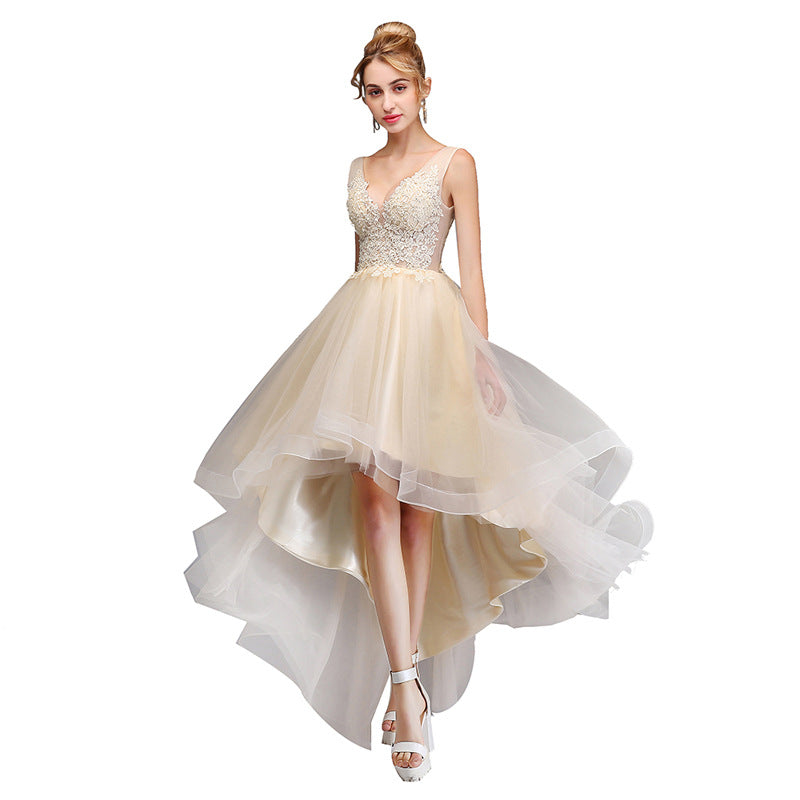 Robe de soirée annuelle mi-longue en dentelle à col en V