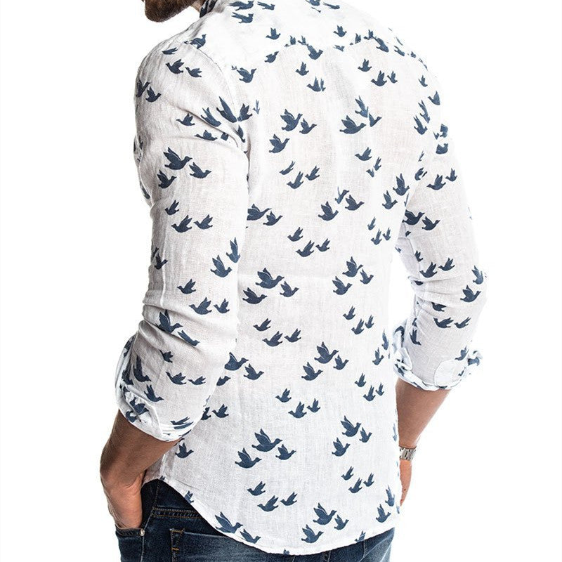 Camisa con cuello alzado de lino estampado en 3D con bloques de colores