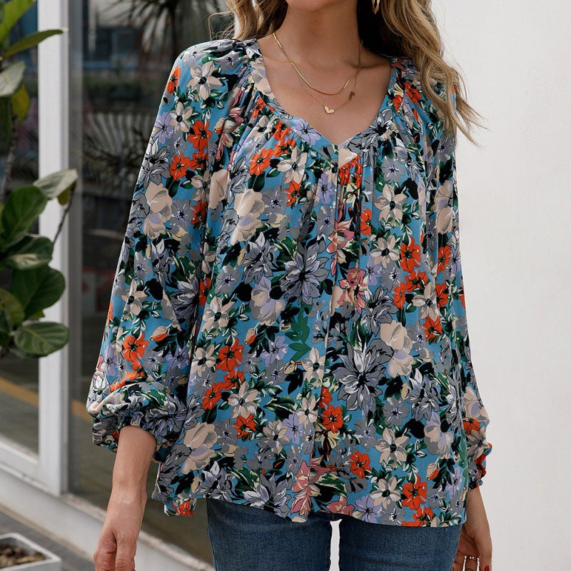 Chemise décontractée ample à col en V et à petites fleurs à manches longues