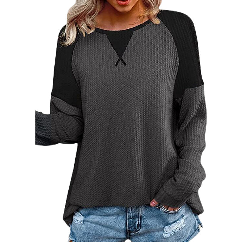 Waffle Stitching Long-sleeved Round Neck T-shirt