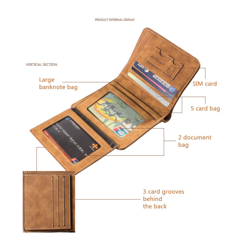 Men's Leather  Retro Tri-fold Vertical Wallet  Multi-card Slot