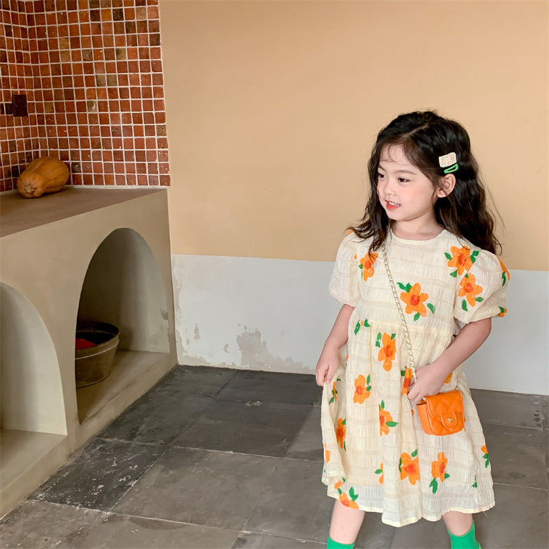 Vestido Infantil Flor Naranja Plisado Casual