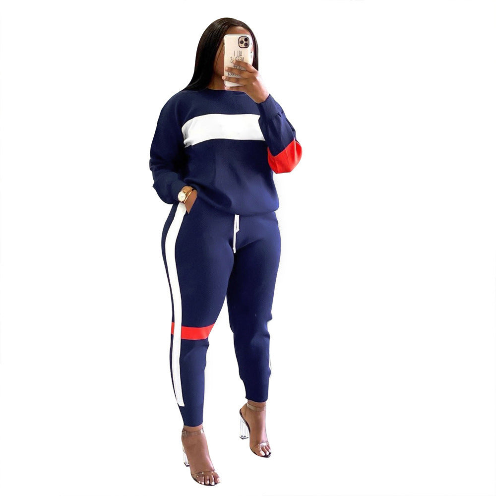 Woman Striped Stitching Long Sleeve Sport Set