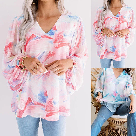 Long Sleeve V-Neck Printed Chiffon Shirt Pullover Loose Top