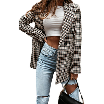 Blazer Vintage a cuadros con solapa para mujer, chaqueta de otoño con doble botonadura, trajes informales con bolsillos para mujer, abrigo, Sudaderas, 2021