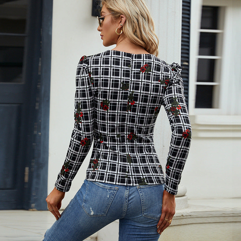Camiseta de manga larga estampada a cuadros para mujer