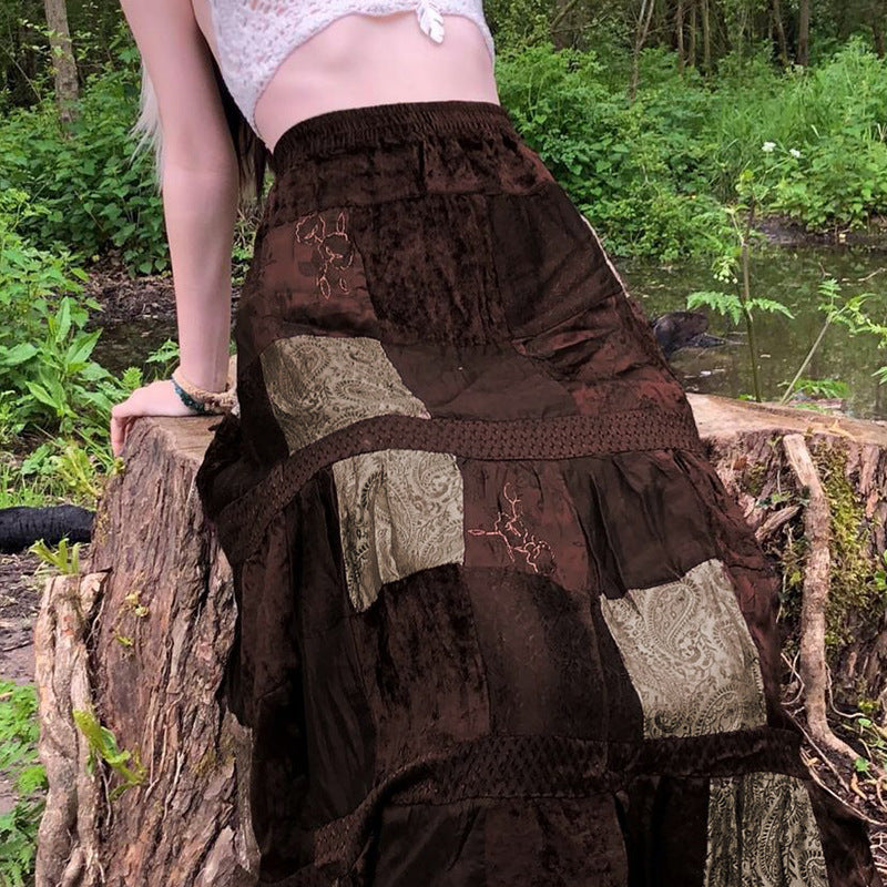 Vintage Contrast Panel Velvet Skirt