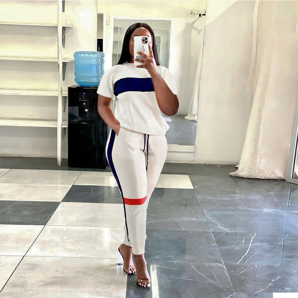 Woman Striped Stitching Long Sleeve Sport Set