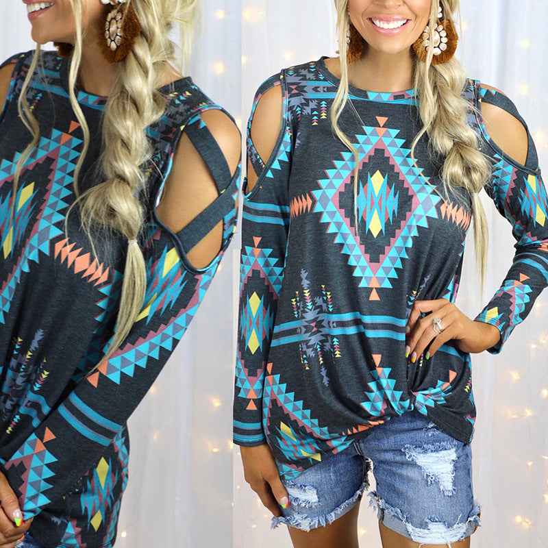 Camiseta casual suelta de manga larga con cuello redondo y hombros descubiertos