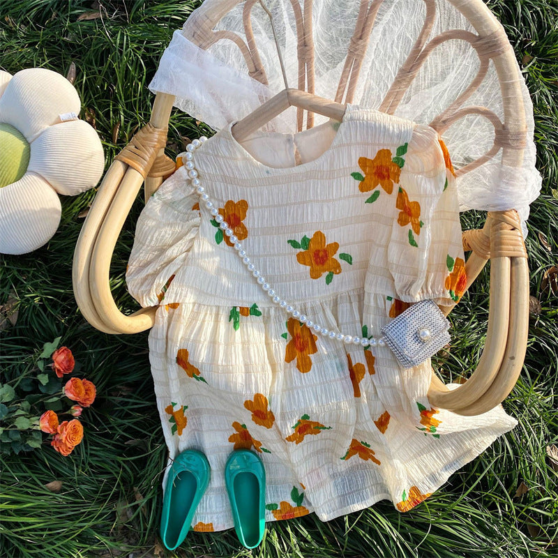 Vestido Infantil Flor Naranja Plisado Casual