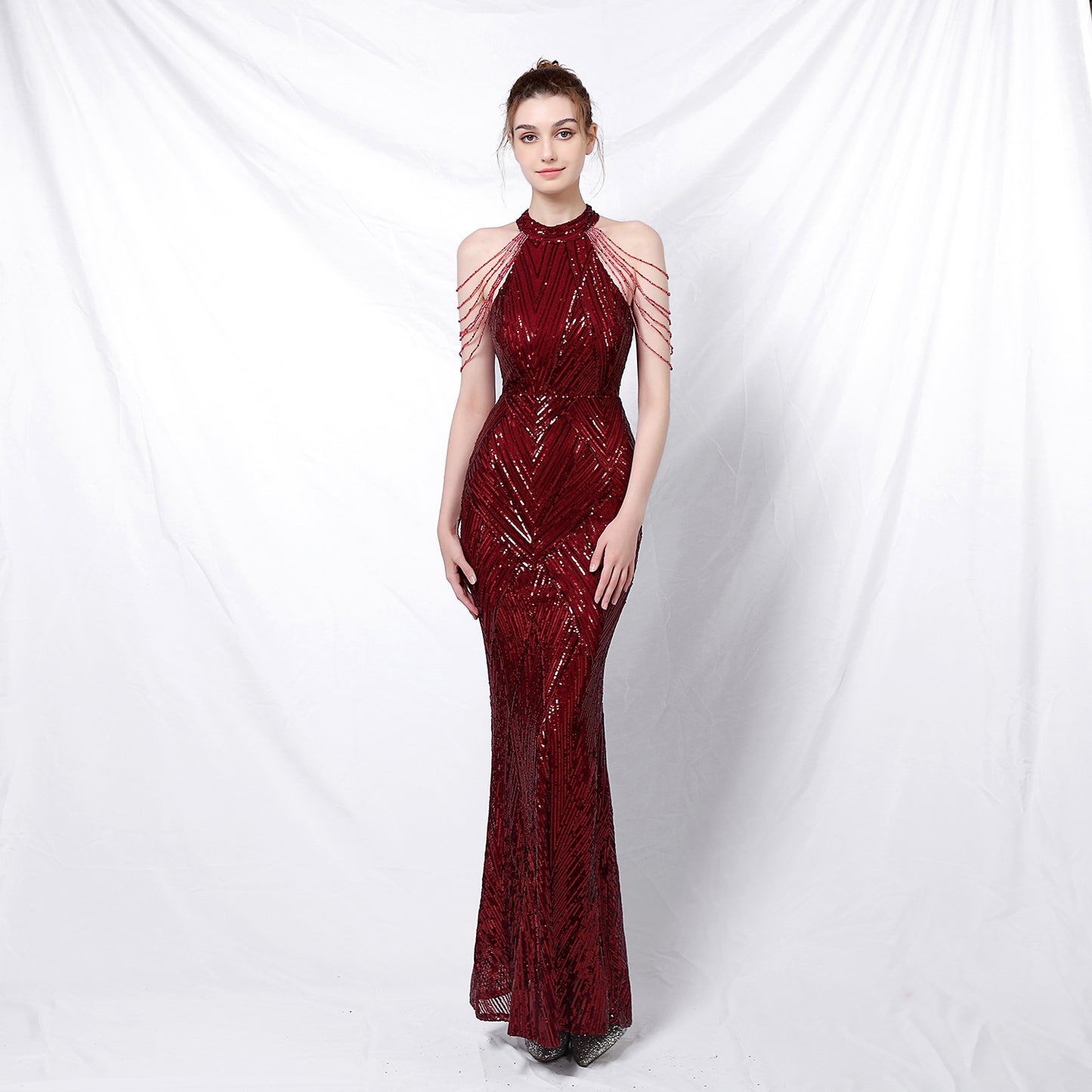 Backless Evening Dress Women Party Dress Long Wear Sequin