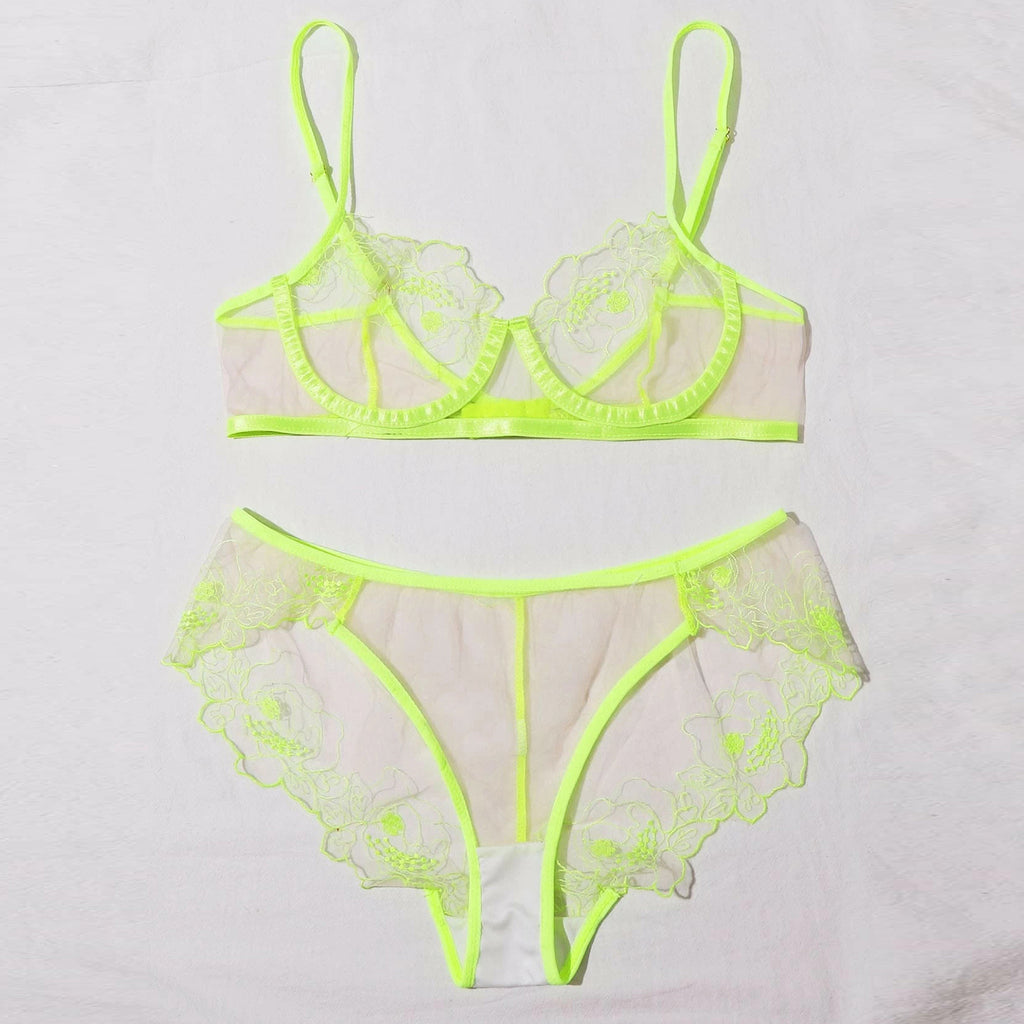 Ensemble de lingerie transparente brodée en maille pour femmes