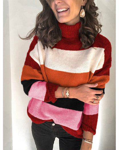 Ladies High Neck Stitching Knitted Striped Sweater