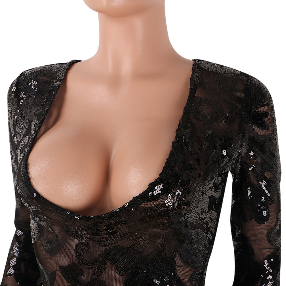 Slim Sequin Perspective Deep V Jumpsuit Vêtements de boîte de nuit