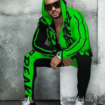 Men's Sports Suit Hooded Letters Color Matching Zipper Cardigan