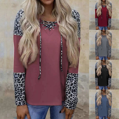 Blusa informal suelta con costuras de manga larga y estampado de leopardo para mujer