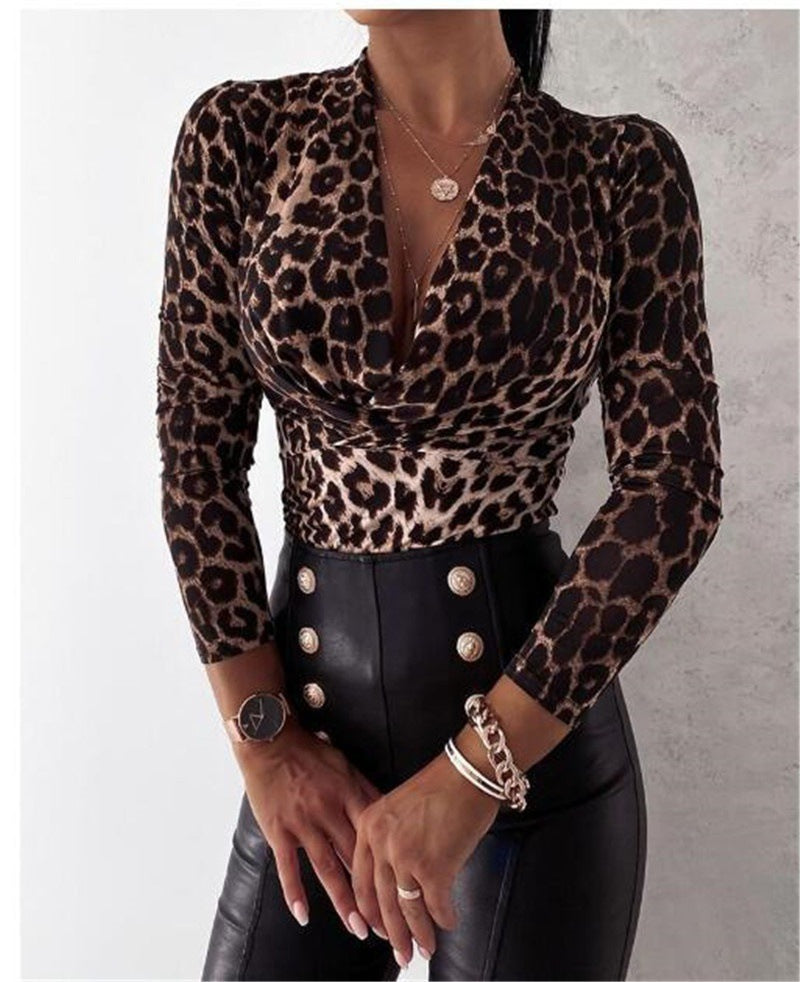 Long Sleeve V-neck Leopard Print Ladies Blouse