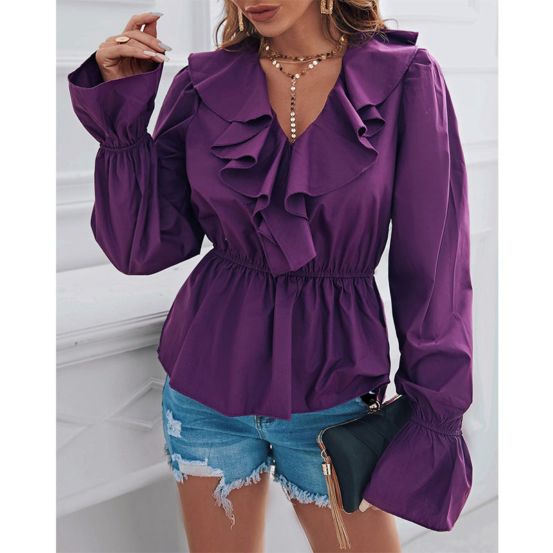 Ruffled V-neck Long-sleeved Bottoming Blouse