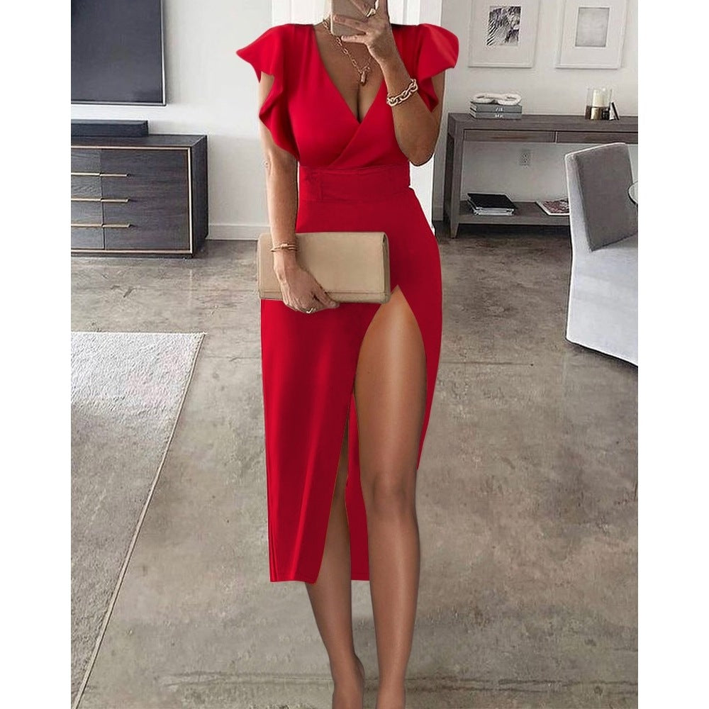 Women Deep V High Slit Party Dress