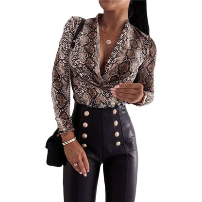 Long Sleeve V-neck Leopard Print Ladies Blouse