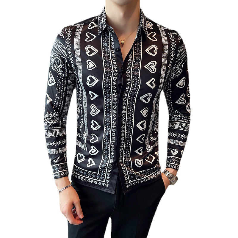 Camisa negra con estampado de solapa de manga larga para hombre