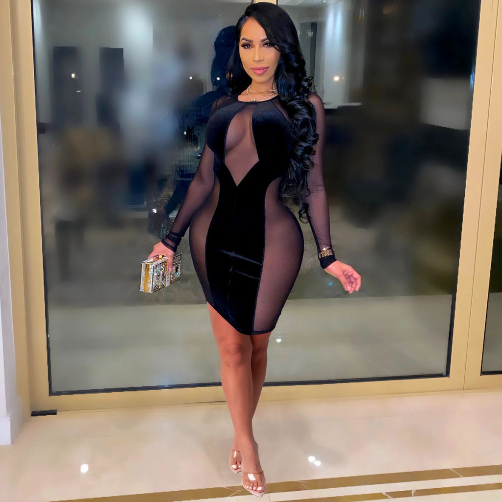 Chic maille patchwork velours robe femmes évider robes sexy