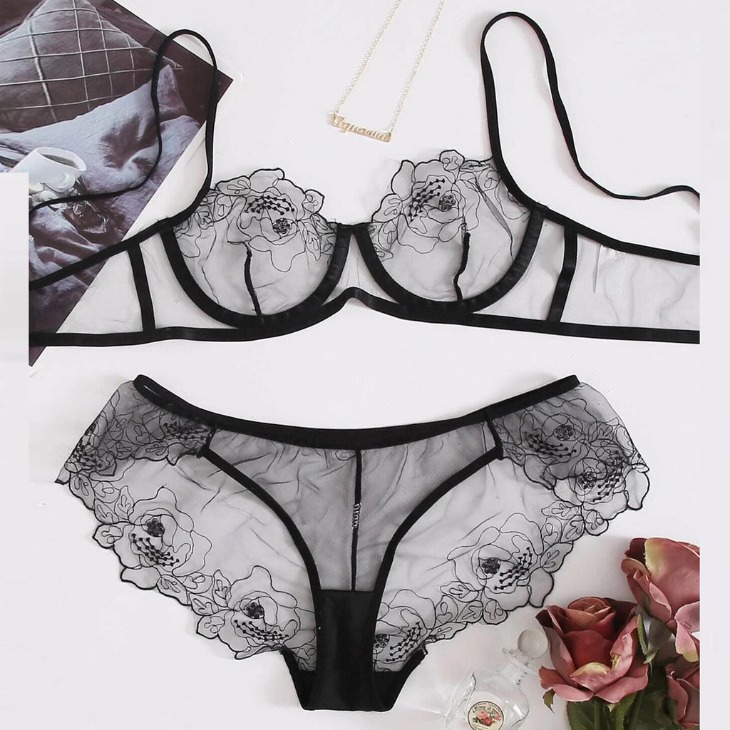 Ensemble de lingerie transparente brodée en maille pour femmes